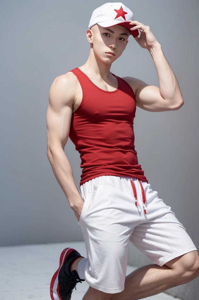 Make an anime style character, he is bald and has white skin color (yes the white color no the skin tone) he wears a red cap without any kind of print on the cap with a red tank top with a big white star in the middle of the tank top and he wears white socks that go up to his waist.