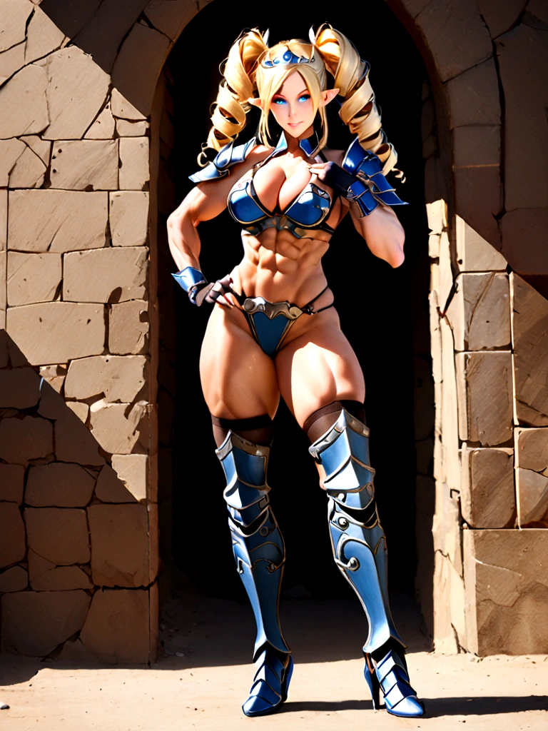 realistic photo of 1 fashion girl blonde blue eyes Alexis Texas, detailed face,1girl, abs, armor, armored boots, bikini armor, blonde hair, blue eyes, blue skin, blush, boots, breasts, cleavage, colored skin, drill hair, fingerless gloves, full body, gloves, hand on hip, high heel boots, high heels, large breasts, long hair, looking at viewer, muscular, muscular female, navel, pauldrons, pointy ears, shoulder armor, smile, solo, standing, thick thighs, thigh highs, thighs, tiara, toned, twin drills, twin tails