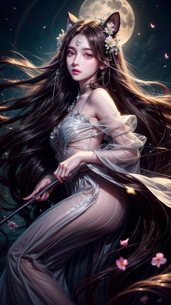 Long flowing brown hair，Fluorescent eyeshadow，Glowing pale eyes，Moon，Demon-free，Plush ears，moonlight，Flowing tulle，Best picture quality，Transparent flowers，Gradient petals，Flower hairpin，Noodles