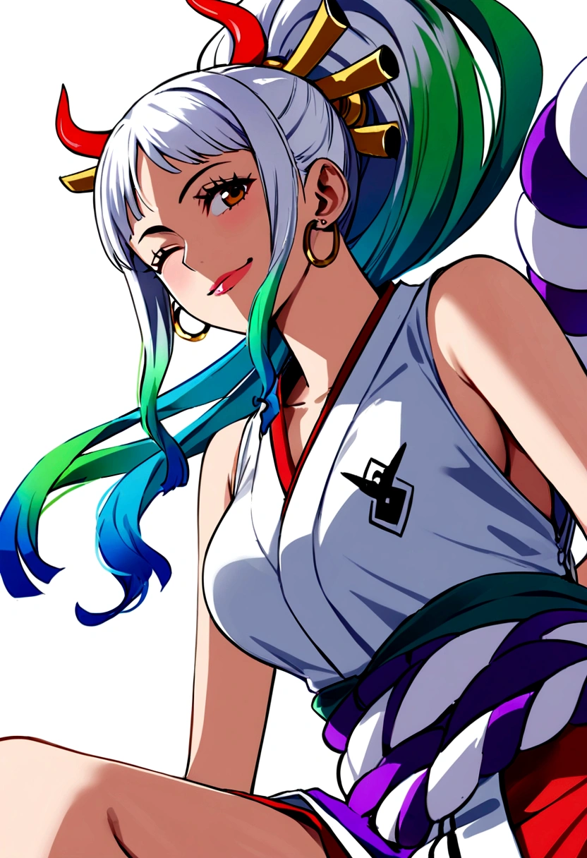 score_9,score_8_superior,score_7_superior,score_6_superior, yamato \(one piece\), One girl, alone, kimono, Multicolored Hair, jewelry, Earrings, No sleeve kimono, hair ornaments, kimono, Wrapping angle, Long Hair, They are, superiorper body, smile, rope, Big Breasts,chest, Hairpin, No sleeve, shimenawa, White Background, Mouth closed, hoop Earrings, Bare shoulders, Simple Background, ponytail