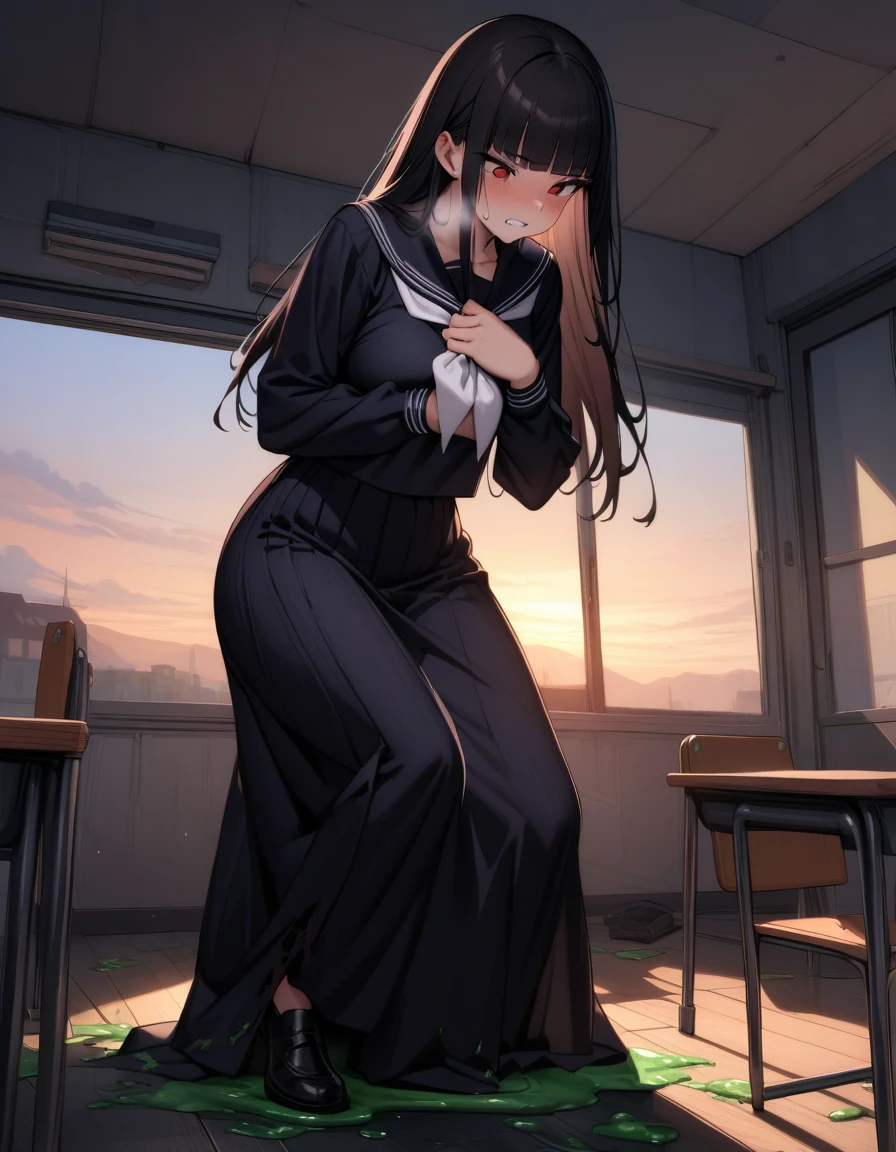 (masterpiece,best quality,very aesthetic),(ultra-detailed),nsfw,(atlach-nacha,degenerate),1girl,20yo,Statuesque,curvy,tall,long hair, black hair,straight hair,(blunt bangs),beautiful red eyes,clenching teeth,sentimental,Abdominal injury,look down on with disdain,black serafuku in winter,long sleeves,(long skirt),white ribbon tie,torn clothes,(Torn clothes stained with green liquid),painful,heavy breathing,holding own chest with right arm,classroom,standing,on one knee,leaning forward,dusk sky,leather shoes,The setting sun is shining in the classroom,debris,solo,looking down,cowboy shot