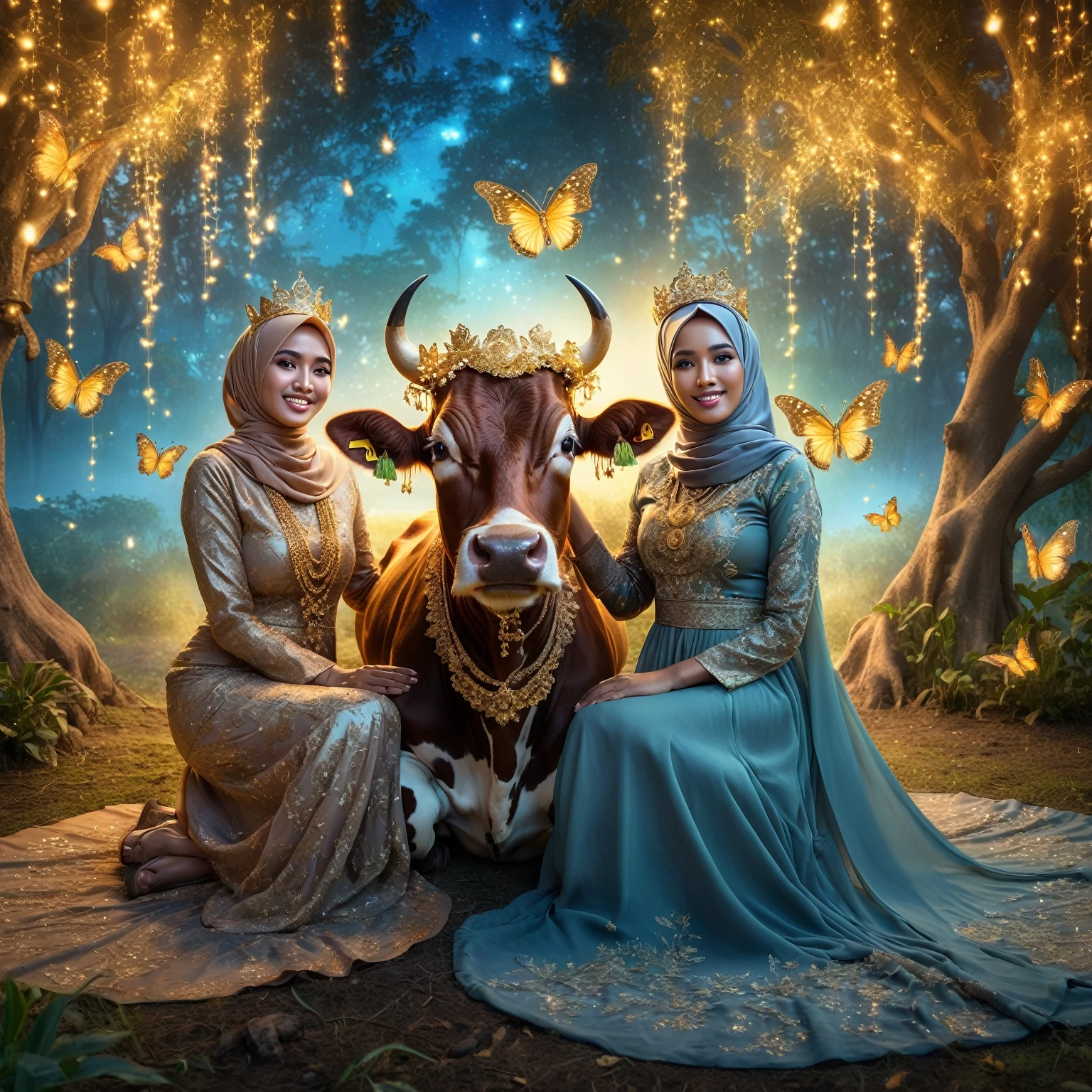Stunning fantasy image, an two Indonesian woman wearing a hijab and glamorous Muslim dress posing sitting with a cow while holding its head. The cow is wearing a gold necklace and crown, gaze at the camera, with a stunning abstract background in a paradise garden lit up by very beautiful fireflies, butterflies -butterflies decorating them, surreal background, she smiles, very pampering, Taken using iPhone15 Pro Max Camera, 1536px, photorealistic, high quality