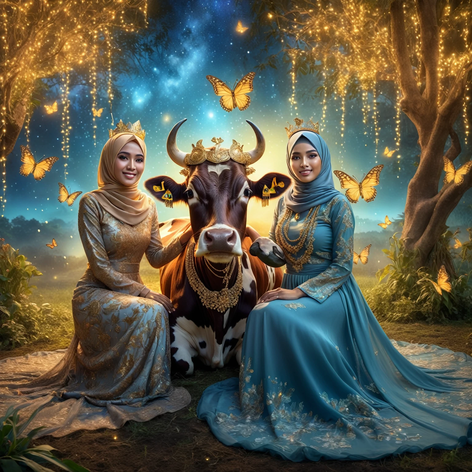 Stunning fantasy image, an two Indonesian woman wearing a hijab and glamorous Muslim dress posing sitting with a cow while holding its head. The cow is wearing a gold necklace and crown, gaze at the camera, with a stunning abstract background in a paradise garden lit up by very beautiful fireflies, butterflies -butterflies decorating them, surreal background, she smiles, very pampering, Taken using iPhone15 Pro Max Camera, 1536px, photorealistic, high quality