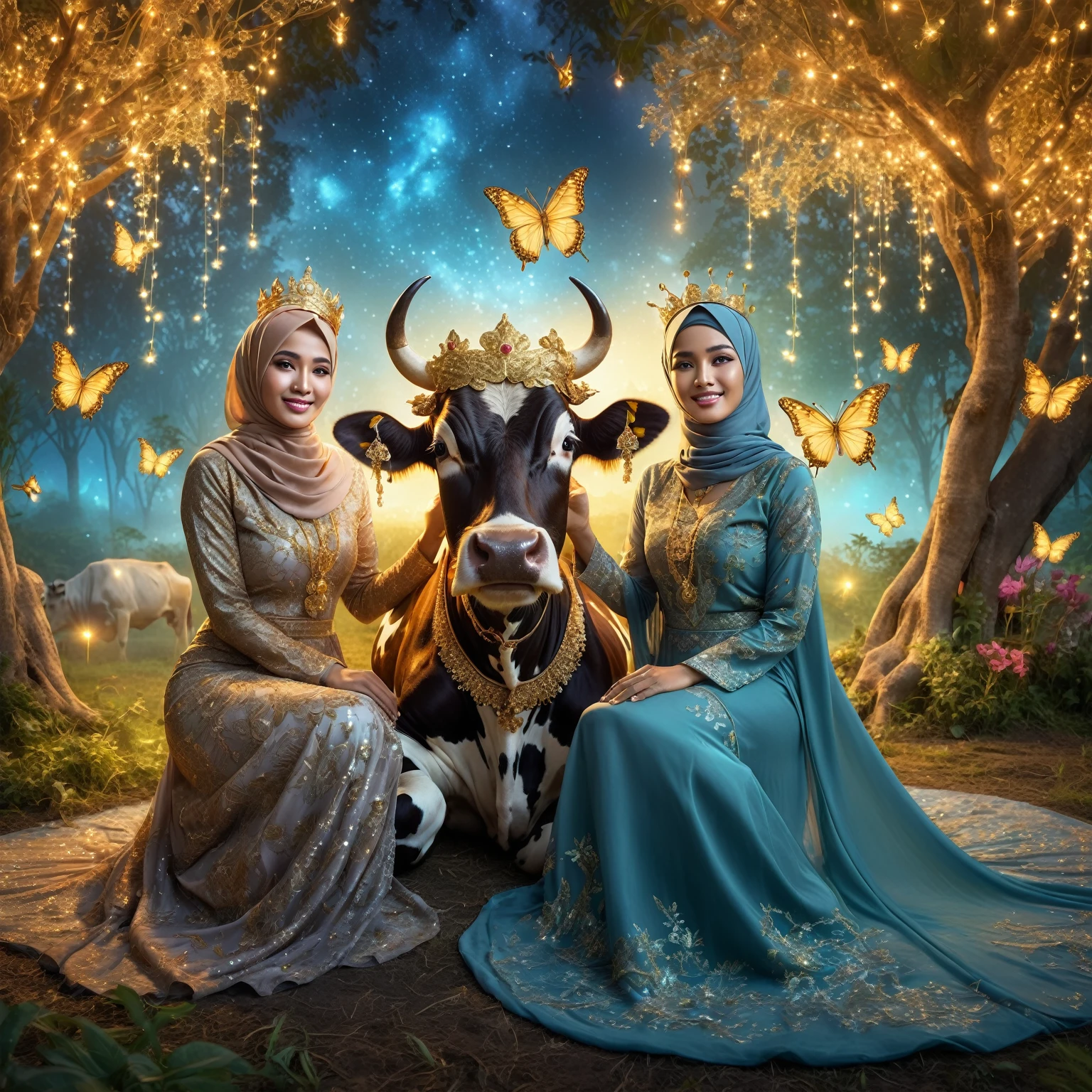 Stunning fantasy image, an two Indonesian woman wearing a hijab and glamorous Muslim dress posing sitting with a cow while holding its head. The cow is wearing a gold necklace and crown, gaze at the camera, with a stunning abstract background in a paradise garden lit up by very beautiful fireflies, butterflies -butterflies decorating them, surreal background, she smiles, very pampering, Taken using iPhone15 Pro Max Camera, 1536px, photorealistic, high quality