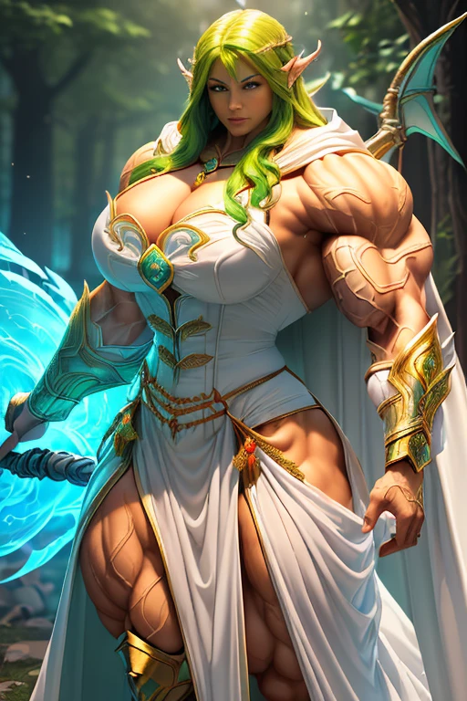 ((((Massive, tall, beautiful, buff, muscular brown skinned woman mage with green hair, huge angel wings, ginormous bulky muscles, holding a dragon mage staff and wearing a beautiful hooded white enchanted robe with long long skirt)))), (close-up view), vascular, massive muscle, massive biceps, hyper muscle shoulders, hyper muscle triceps, (curvy long hair), orange eyes, (wearing a long extremely intricate robes, long magical robes), (white mage boots), smirk, white gauntlets, (in a dragon forest), evening, Vascular arms, hyper vascular arm, hyper muscles arms, hyper muscle legs, massive arms.