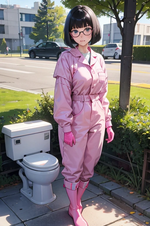 Wearing large pink rubber gloves and white rubber boots、A freckled high school girl with black hair, bob cut, glasses and a blue long sleeve jumpsuit cleaning a dirty public toilet in a park