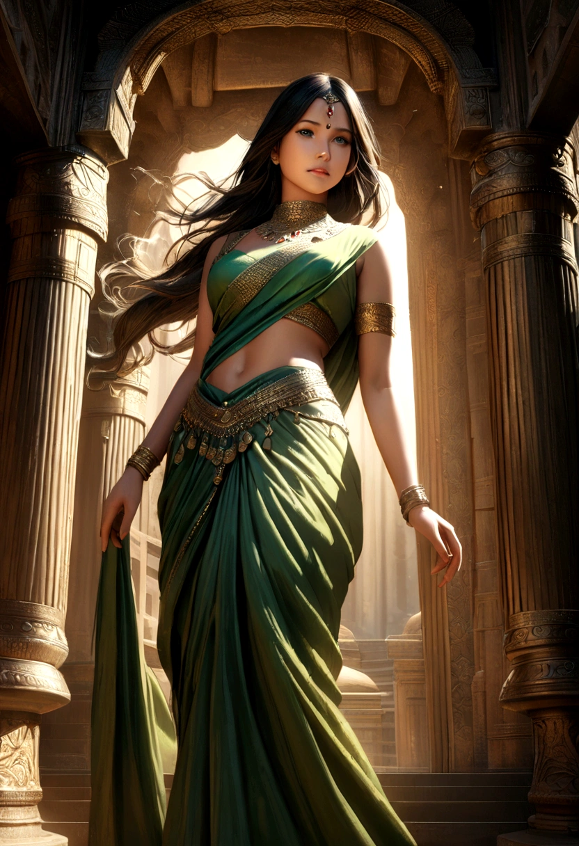 modelshoot style, (extremely detailed CG unity 8k wallpaper), full shot body photo of the most beautiful artwork in the world, stunningly beautiful photo realistic cute women in saree (navel:1.5), professional majestic oil painting by Ed Blinkey, Atey Ghailan, Studio Ghibli, by Jeremy Mann, Greg Manchess, Antonio Moro, trending on ArtStation, trending on CGSociety, Intricate, High Detail, Sharp focus, dramatic, photorealistic painting art by midjourney and greg rutkowski