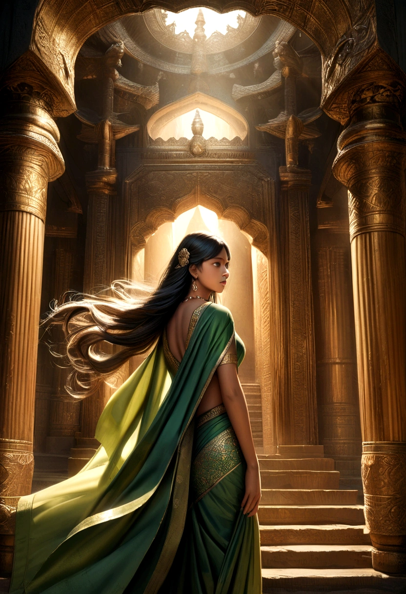A beautiful Indian woman standing, wearing a green silk saree, flowing hair, intricate jewelry, serene expression, standing in an ornate temple setting, dramatic lighting, highly detailed, photorealistic, 8k, best quality, masterpiece