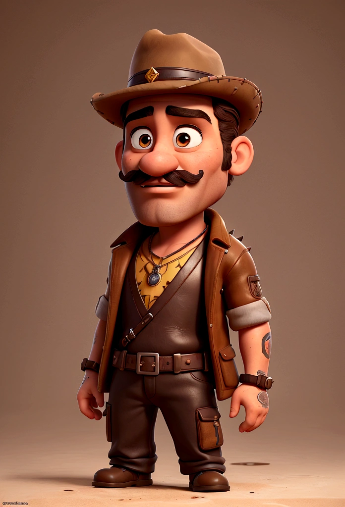 Make a man with a charismatic appearance, with an authoritative posture. He is approximately 35 years old. His face shows determination and rugged beauty, with brown eyes. He wears a mustache that adds to his authoritative appearance. The costume consists of the iconic leather hat adorned with metal spikes, a symbol of the cangaço bandits, wearing formal clothes. draw the character from the front. high quality, detailed, gritty, artwork