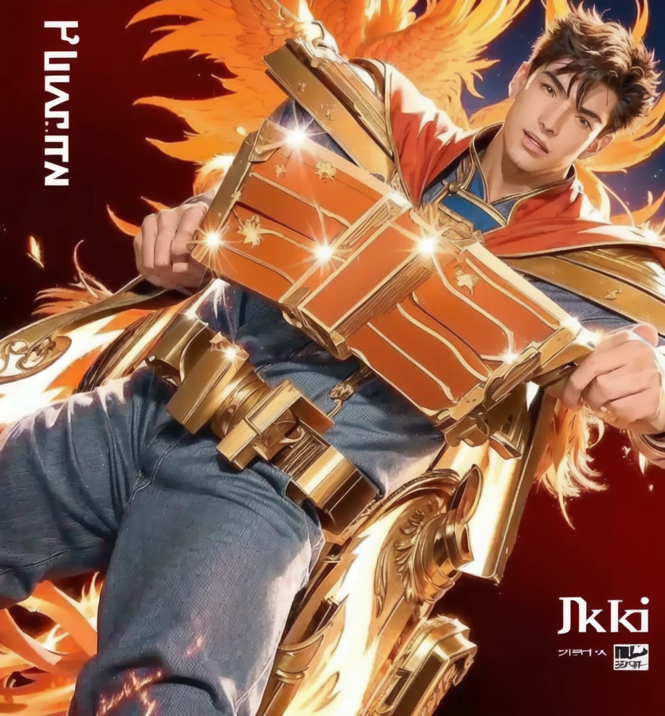 Realistic photo, Young European man, Muscular, anime character with a fire in the background, official art, phoenix, phoenix warrior, jellyfish phoenix, promo art, wallpaper!, joseph joestar, saint seiya, full color manga cover, 8k!!, the phoenix, official artwork, shikishi, baki, in jojo\'s bizarre adventure, hq artwork, 8k!, promotional art, imari