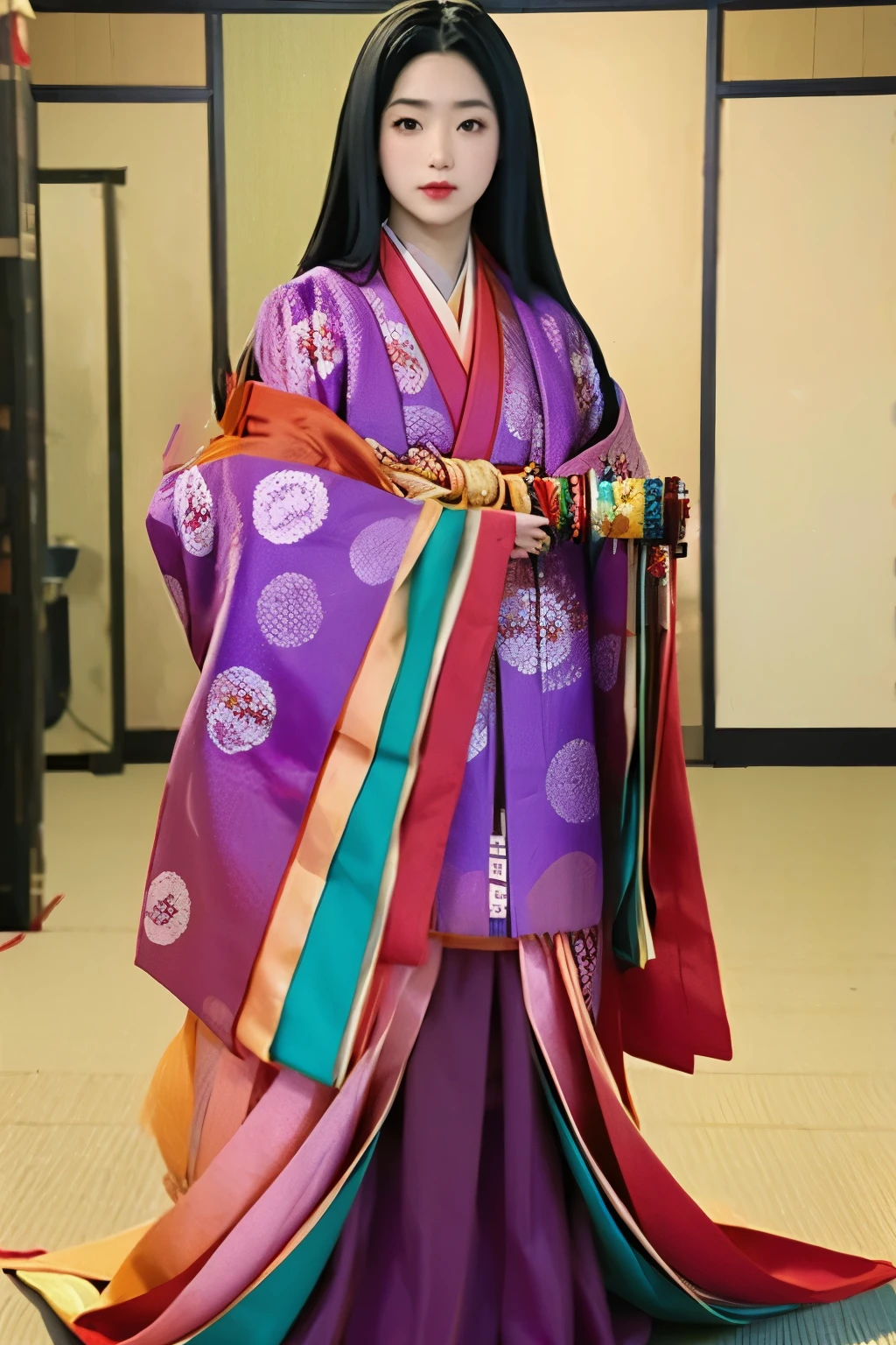 (masterpiece, best quality:1.2), 1girl, juni-hitoe, solo, very long black hair, purple-red karaginu, purple-red hakama, holding (open hiogi), blur the background, sodeguchi accurate depiction,