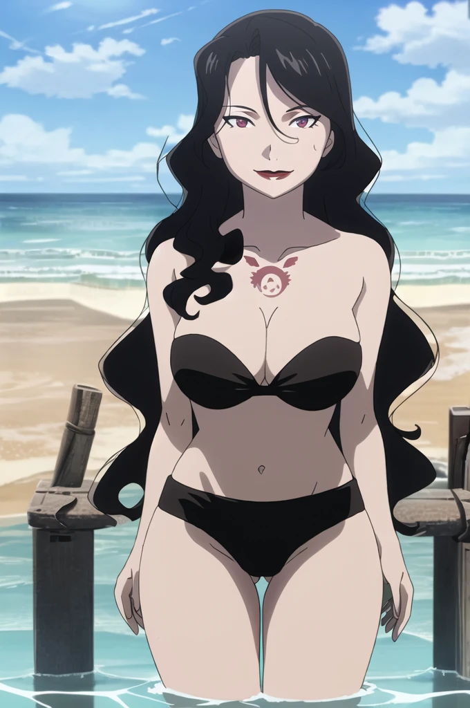 Lust, 1girl, solo, looking at viewer, smile, big breasts, chest tattoo, lips, black bikini, huge breasts, small waist, thick thighs, nice thighs, cameltoe, in water, at beach, ocean, waves, clear water, sunny sky, bright day, clear sky, cleavage, perfect quality, good quality, masterpiece, HDR, UHD, 4K, ultra hd, in frame