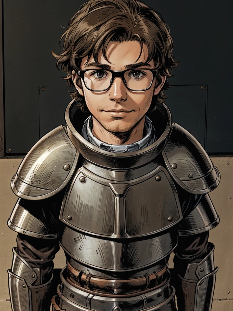 10 year old boy with shaggy brown hair wearing steel plate knight armor, shy expression, circle glasses, nerd