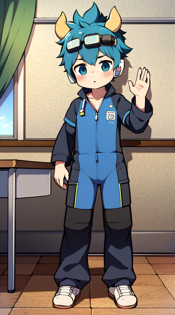 2D Shonen Shota，One-piece mountaineering suit，Put the headphones on your head，permanent，goggles，trumpet，Cow ears，sports shoes，classroom，Pull down the zipper