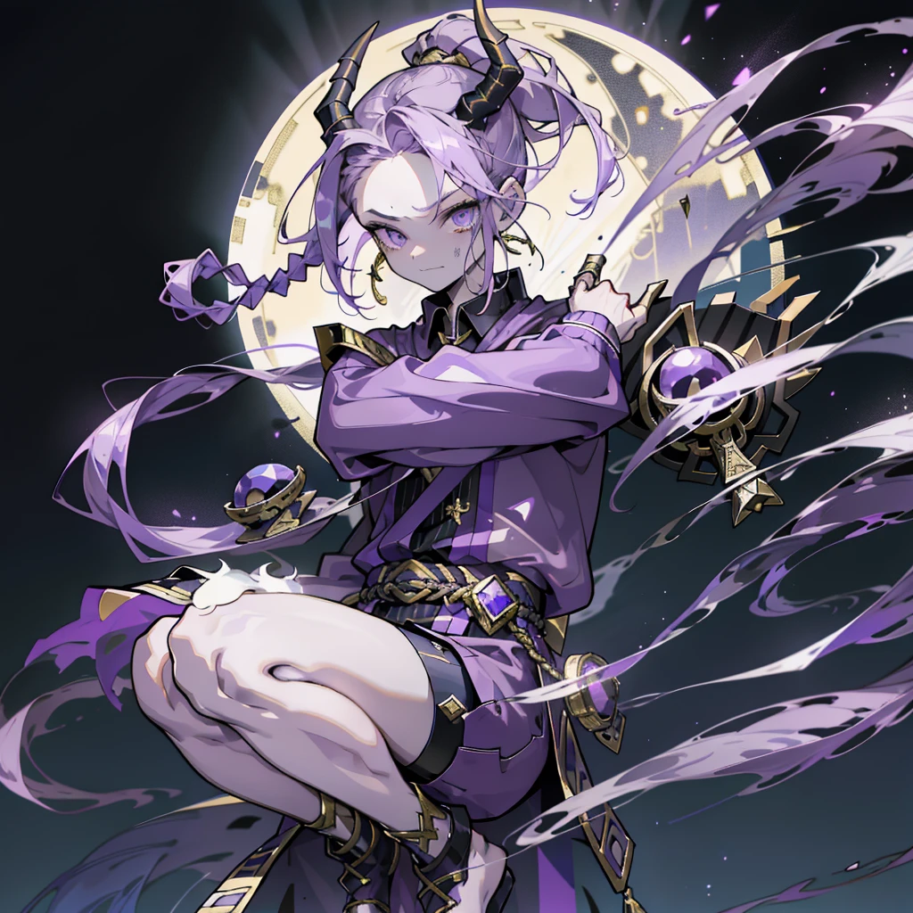cheerful boy with open forehead. dark purple hair braided in a ponytail on the left side to one side. sinuous black horns wrapped in dark purple ribbon. pale violet eyes. in short dark purple shorts. long white T-shirt. dark purple knee-high socks. a white long robe with a hood flutters in the wind. black ancient stone walls of the castle purple light from lamps with gold ornaments