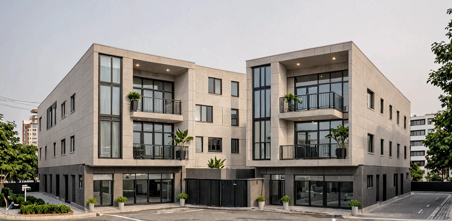 Raw photo,Masterpiece, high quality, best quality, authentic, super detail,modern style, aiaigroup, apartment building, outdoors, tree, building, scenery, city, road, real world location, treet, window, balcony,railing, minimalist line, office building, daylight, realistic