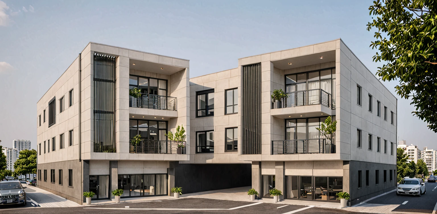 Raw photo,Masterpiece, high quality, best quality, authentic, super detail,modern style, aiaigroup, apartment building, outdoors, tree, building, scenery, city, road, real world location, treet, window, balcony,railing, minimalist line, office building, daylight, realistic