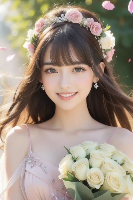 Beautiful girl holding a pale color big bouquet,handing a bouquet toward the viewer,big eyes,a lot of flower petals are dancing in te air,one color background,pink dress, straight bangs,((big smile)), looking at the viewer,many shining crystals are at wall, happy mood,shining, realistic, super detailed,16k,masterpiece,high quality,crystals are on the flowers,casual hair accessories,shining background,celebrating,enamel quilting background,