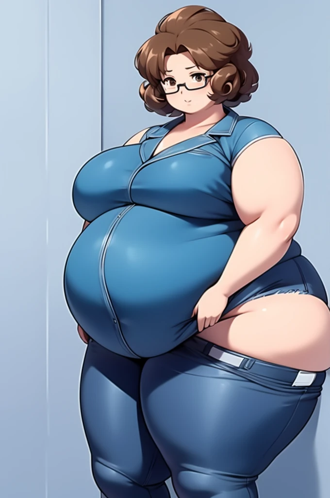 Anime Girls, Brown Hair, Forehead、Short Hair、Curly hair、Afro、Glasses、Brown eyes, Are fat、Chubby、Voluptuous、obesity、Denim jumpsuit