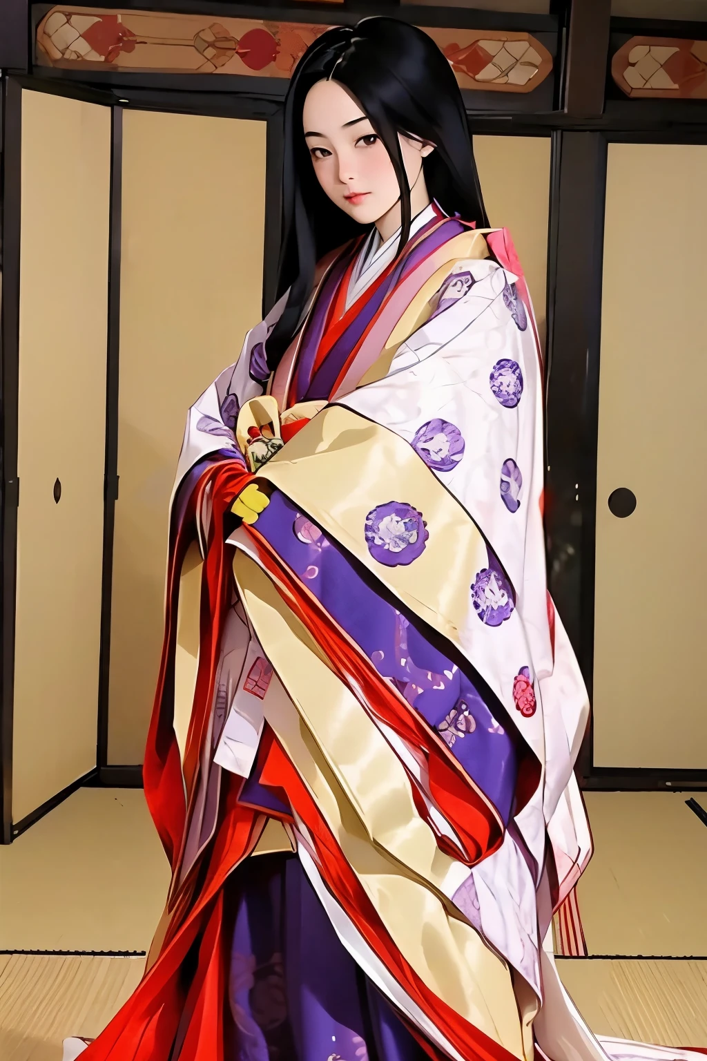 (masterpiece, best quality:1.2), 1girl, juni-hitoe, solo, very long black hair, purple-red karaginu, purple-red hakama, holding (open hiogi), blur the background, sodeguchi accurate depiction,