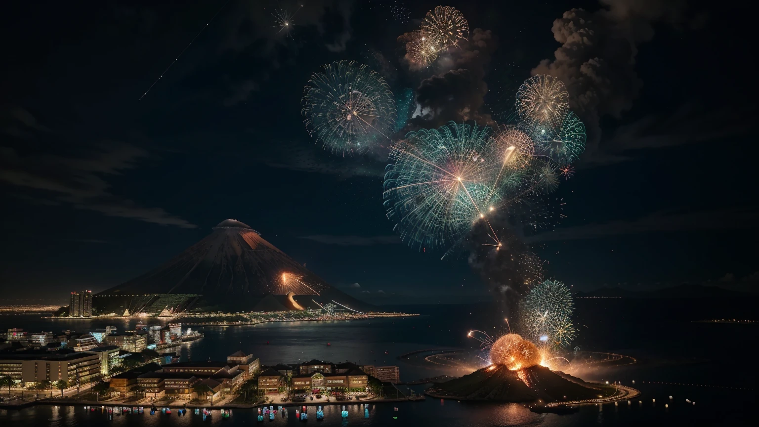 shopping cart Website Multiple beautiful islands々With cityscape in the background Parts of islands and buildings、It is collapsing into a network of electron particles.。 A volcano is erupting。Various types of electron light。entertainment。Circus-like atmosphere。