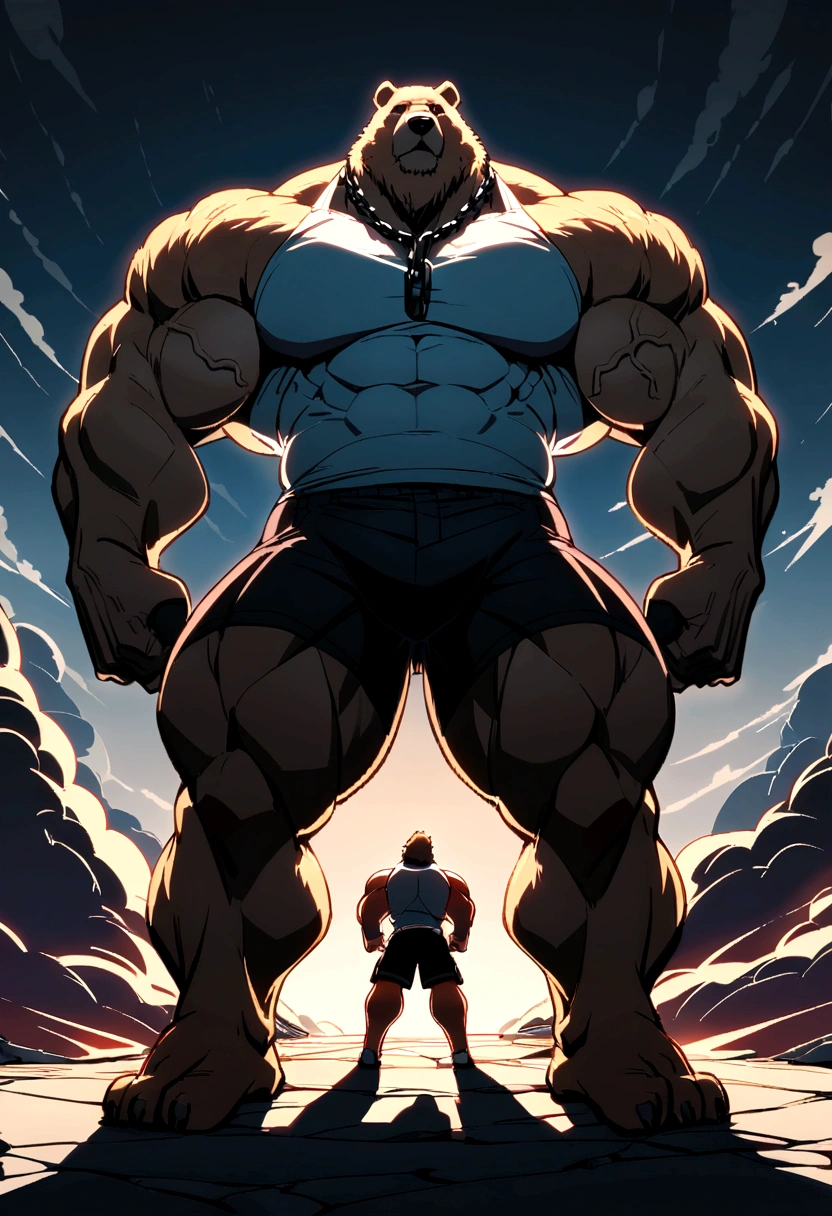 One tall grizzly bear with really thick big muscular body with black shorts and a dog chain on his neck, tanktop, veins