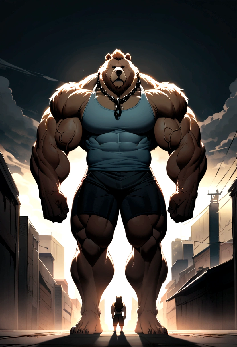  One tall grizzly bear with really thick big muscular body with black shorts and a dog chain on his neck, tanktop, veins