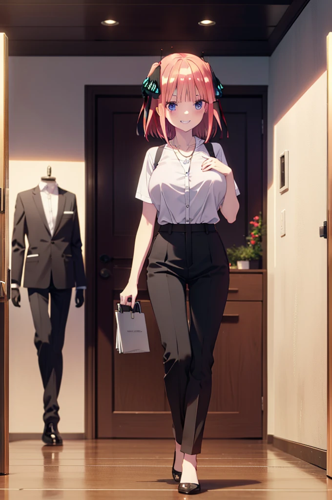 I was silent, Nakano Nino, Short Hair, bangs, blue eyes, hair ornaments, Hair Ribbon, Pink Hair, blunt bangs, Both sides up, Big Breasts,butterfly hair ornaments,Grin,White Y-shirt,Short sleeve,Heart Necklace,slacks,Stiletto heels,Walking,There is a computer on the table,whole bodyがイラストに入るように,Daytime,Clear skies,
break indoors, office,
break looking at viewer,whole body,
break (masterpiece:1.2), Highest quality, High resolution, unity 8k wallpaper, (figure:0.8), (Beautiful attention to detail:1.6), Highly detailed face, Perfect lighting, Highly detailed CG, (Perfect hands, Perfect Anatomy),