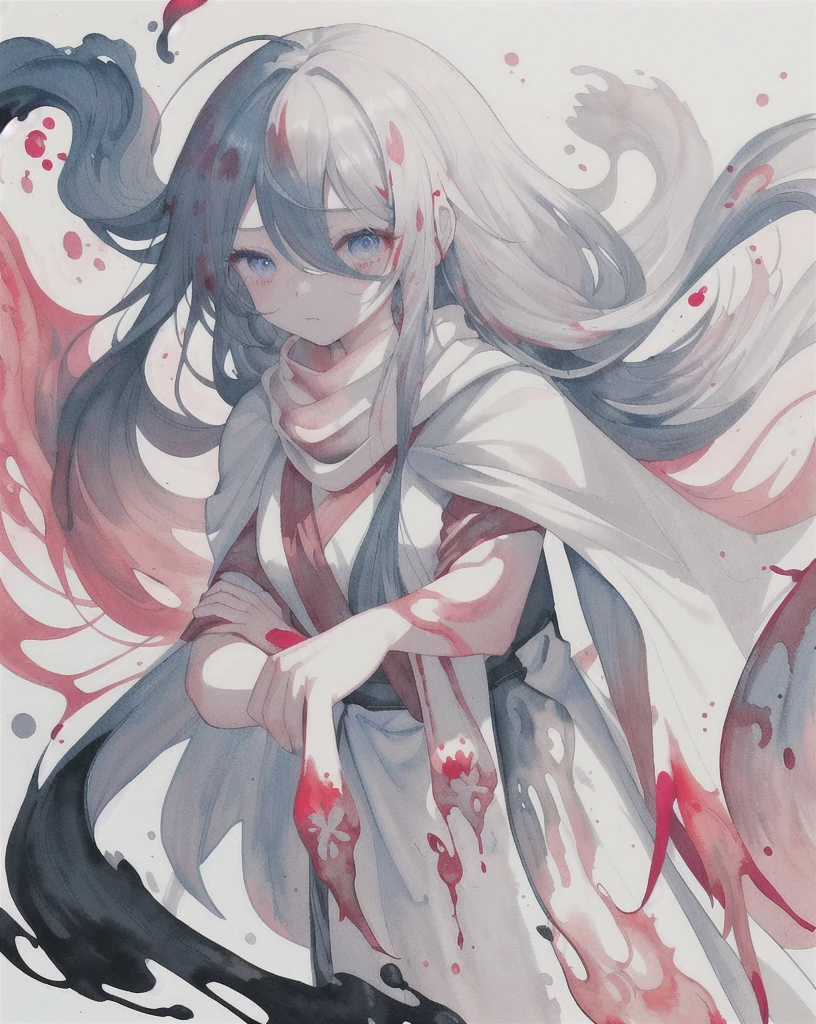 1 Girl,(蓝Long hair)),blue eyes,radish,Long hair,(loose Long hair),((White cape)),Pink scarf,Cold eyes,The face is firm,Red flowers fall,Upper Body,Strong shadows,Ash,fire,ice,((Ink wAsh painting)),((ink splAshing)),((color splAshing)),