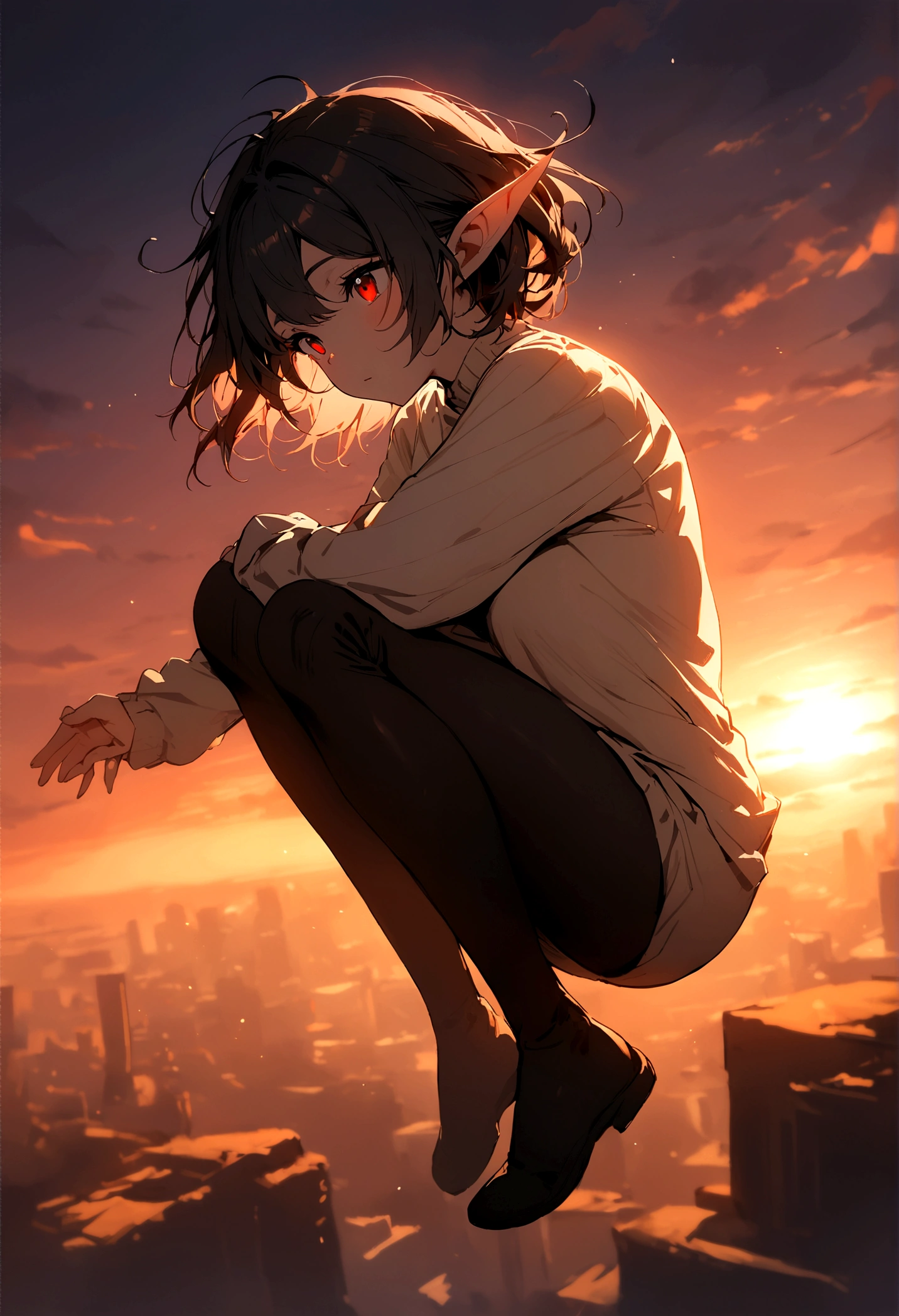 masterpiece, best quality, Stills, 1 female, Elf, Elbows and knees visible, Elbows and knees caught on camera, , Floating in the air, whole body, bright, Warm and soft lighting, Sunset, (spark:0.7),Black short hair parted in the middle,Black hair parted in the middle,red eyes,Long ears