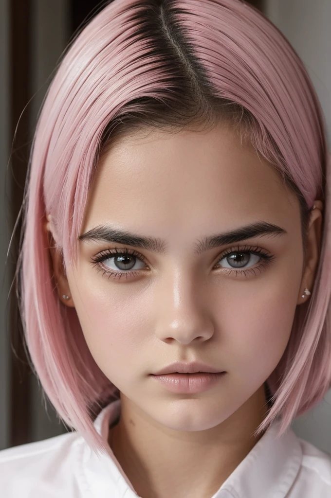 Una adolescente de piel blanca, con cabello negro medio corto, cara delgada, ojos almendrados y color hazle, labios gruesos y rosados, con nariz perfilada
