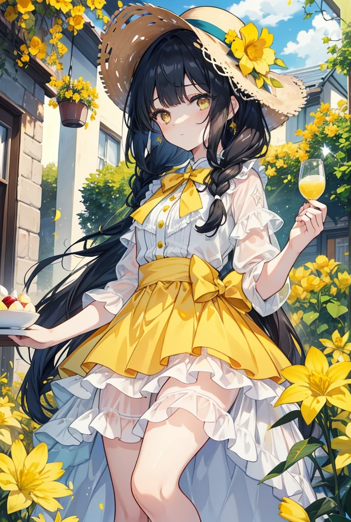 black long hair, blunt bangs,,(ultra-detailed eyes, beautiful and detailed face, detailed eyes: 0.9), ,((full shot)), , longeyelashes, beautiful hair, beautiful face, beautiful detailed eyes, (((cintura ultra detallada)))), Ultra-detailed photography with great depth of field, solo,(lovely ,), (beautiful scenery),,small breasts,light, (masterpiece:1.2),1womanl,Black hair,, 、((Detailed、top-quality、8K、​masterpiece:1.3))、1girl in、(((((Expressionless))))),cute face、、(Casual Hairstyles、Small breasts:1.2)、Super Detailed Face、detailedeyes、 (best quality), (ultra-detailed), (llustration), (detailed light), (an extremely delicate and beautiful), 1young girl, long hair, brown eyes,, , , Sublime, Ethereal, fantastic,,full body,shy,low braided twintail,white skirt yellow hemline,yellow bow on the chest,wearing a straw hat on the side, one hand raises up to sky,dynamic angles, sunshine,day, (yellow flowers:1.35),(Ochna:1.25),(A splash of colored paint1.15),Movie poster,Holding a parfait in hand,The parfait glass is tall and elegant, filled with layers of fresh melon pieces, whipped cream, and possibly some yogurt or ice cream. The background features a cozy café setting with soft lighting and comfortable furniture, creating a warm and inviting atmosphere. 
