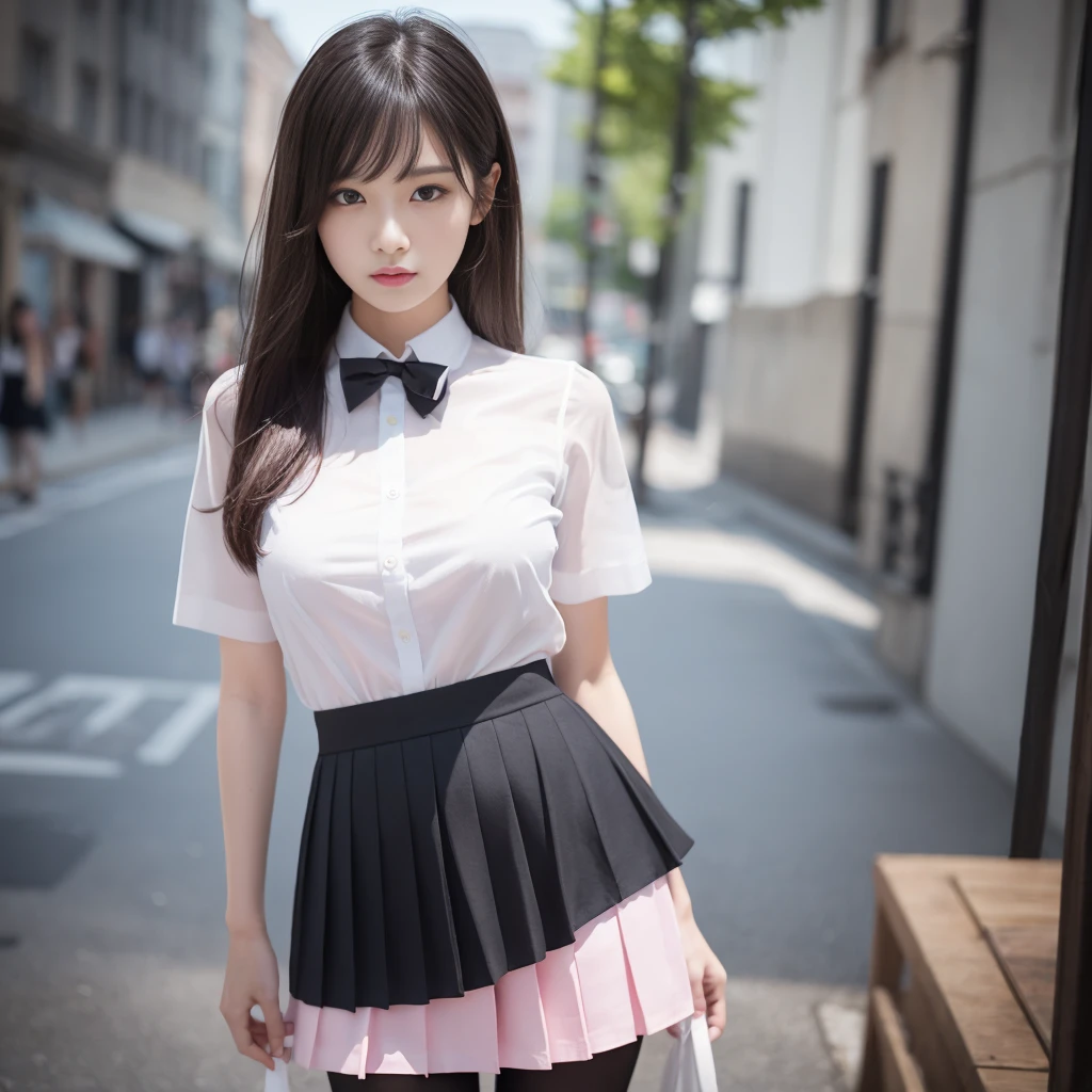 (Half),(Underwear visible),(8K、RAW photography、Top quality、masterpiece:1.2),charm,Fair skin,Watch the audience,Looking ahead,student,1 girl、18 years old、White skin,knee,((Black pantyhose)),Long hair、Black Hair、Double tail、(extremely huge breast:4.0)、show forehead、masterpiece,Top quality、Ultra-high resolution,RAW,JK ,Standing,(Photorealistic:1.37)、Practical、Beauty,Cute little face,Black socks、(Pink bow tie)、Physically Based Rendering、Depth of Field、Blurred background、photo,Body,, Long legs, Thin legs,,(White short-sleeved shirt), (Pink pleated skirt), knee可见,Transparent clothing,