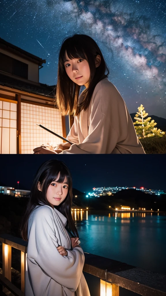 A Japanese girl in her twenties illuminated by the stars