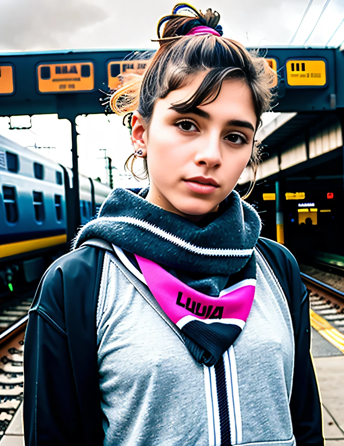 melhor qualidade, ultra fotorrealista, fotorrealismo, 8K, Fotografia, foto de um jovem, jaqueta, ear studs, gray scarf, sweater, cabelo castanho claro curto e penteado pelo vento, ajustar, lindo, (efeminado), (raspada), delineador, standing at a train station, The background is a busy street, nublado, luzes artificiais, rosto e olhos detalhados, pele altamente detalhada, 8K uhd, sharp focus, profissional, melhor qualidade
