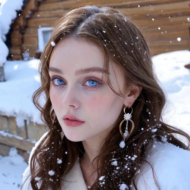 Beautiful girl - Lily Rose Depp, blue eyes, long curly white hair witg, detailed facial traits, beautiful earrings, national turkic female dress, naked breasts, yurta behind, it's snowing, sexy pose