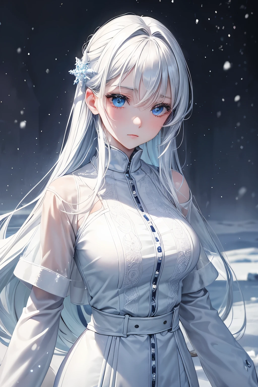 masterpiece, highlydetailed, ultra-detailed, cold, solo, (1girl), (pale skin), icyblue eyes, frosty white hair, cool Chara, flat face, young lady, lady chara, Big Breasts, Arrogant, confident, cold face, goddess, cool kuudere girl, sharp eyes, (snowy background), snowflakes, (frozen flowers:0.5), (calm expression), (sparkling ice crystals), (black modern casual clothes), (snow-covered ground), (icy breath)