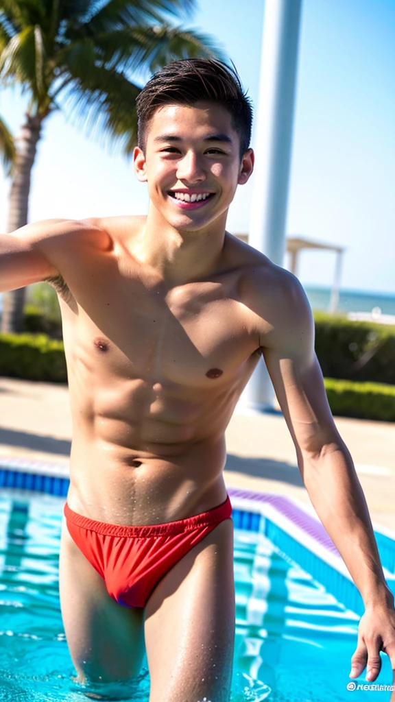 male Age 23 swimwear lifeguard topless smile