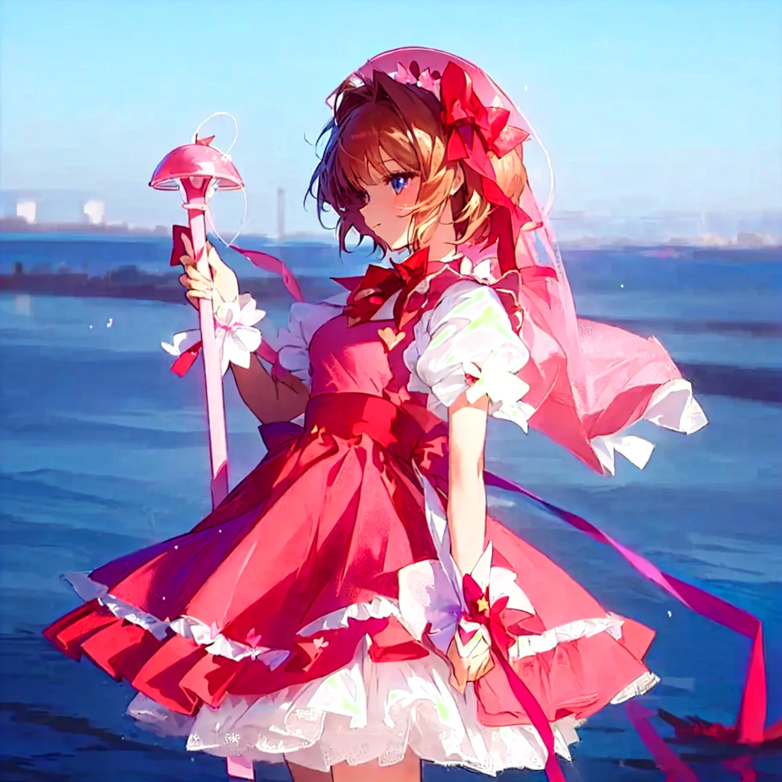 Anime girl in a pink dress holding a pink umbrella and a pink star, Cute anime girl in a beautiful skirt, splash art anime Change, Change in dress, portrait of Magical girl, style of Magical girl, Magical girl, High-quality anime art style, From, Cute girl anime visual, Change, Anime cute art style