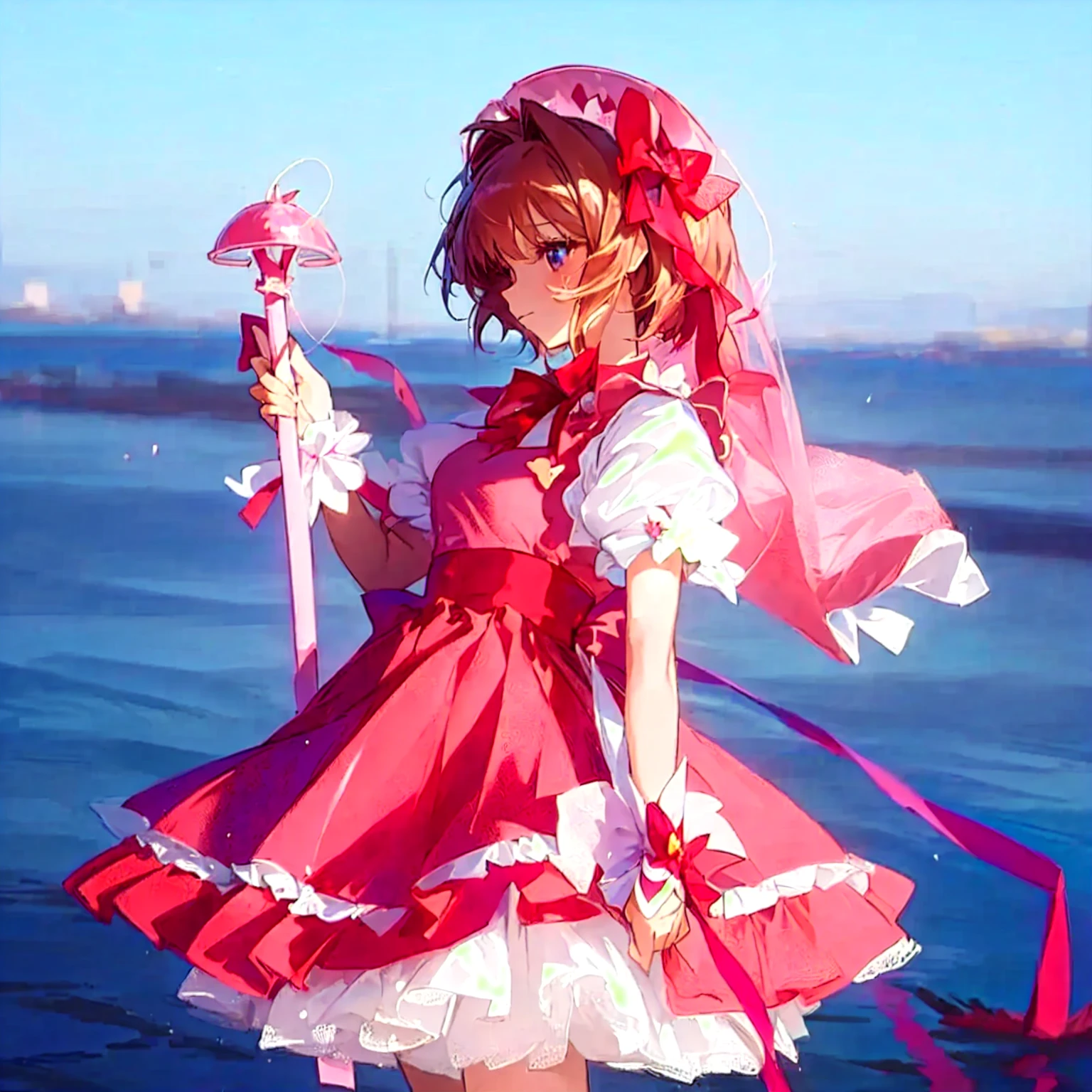 Anime girl in a pink dress holding a pink umbrella and a pink star, Cute anime girl in a beautiful skirt, splash art anime Change, Change in dress, portrait of Magical girl, style of Magical girl, Magical girl, High-quality anime art style, From, Cute girl anime visual, Change, Anime cute art style