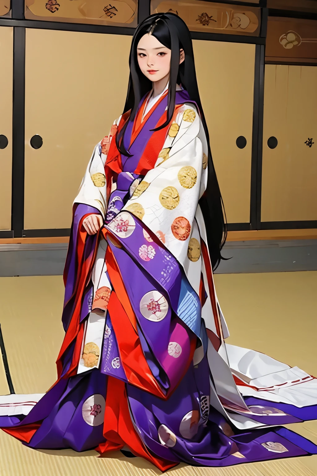 (masterpiece, best quality:1.2), 1girl, juni-hitoe, solo, very long black hair, purple-red karaginu, purple-red hakama, holding (open hiogi), blur the background, sodeguchi accurate depiction,