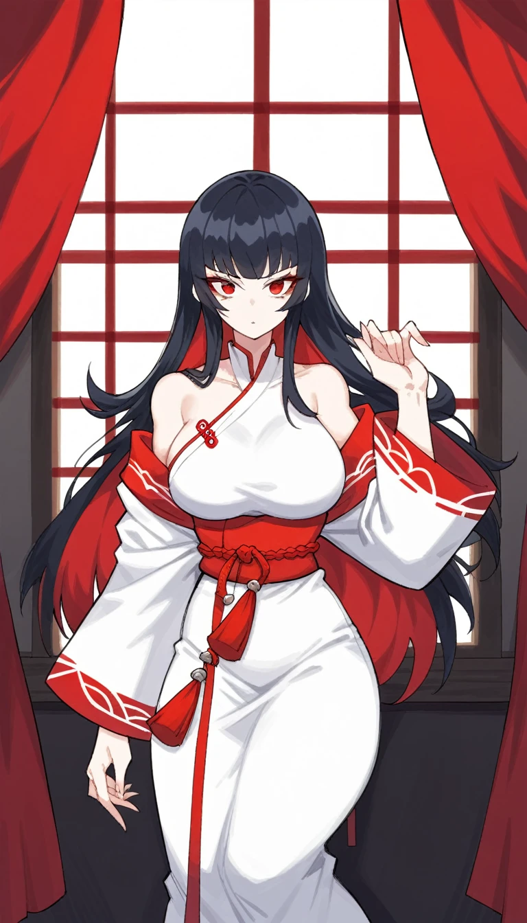 score_9, score_8_superior, score_7_superior, score_6_superior,a very beautiful young lady in full kung fu style costume, with full bang hair, leaning against a window with red curtains, 1girl, solo, red eyes, black hair, dress, long hair, red hair, multicolored hair, looking at viewer, white dress, jewelry, off shoulder, long sleeves, bangs, hand up, bare shoulders, colored inner hair