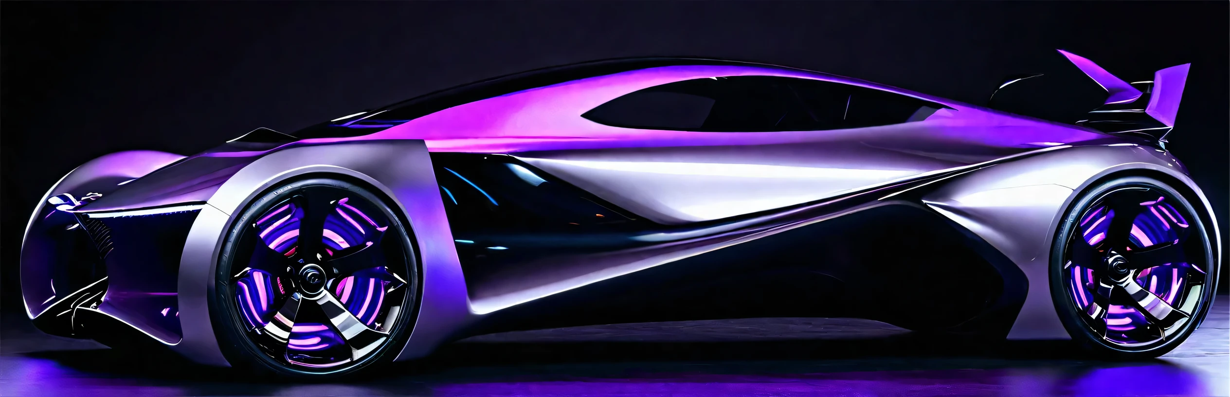 Close-up of a futuristic car,Purple wheels on black surface, Zaha Hadid octane highly render, Concept cars, aerodynamics body, concept automobile design, Cars painted with holographic paint, concept ar, aerodynamics, Web portals. Zaha Hadid, futuristic Concept cars, Ultra Detailed, futuristic product car shot, Concept cars design, aerodynamics design, Side perspective