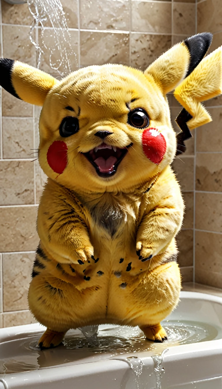 Pikachu washing its face in the bathroom