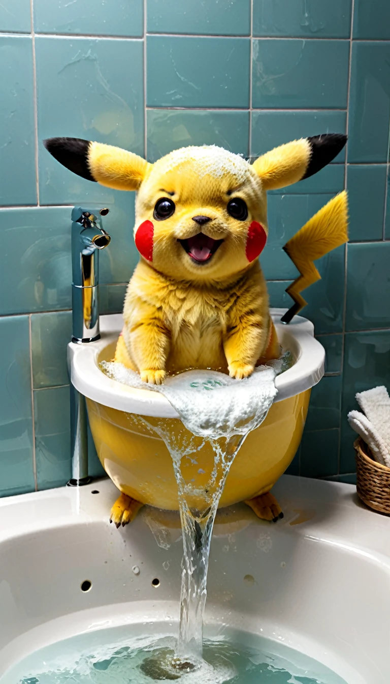 Pikachu washing its face in the bathroom
