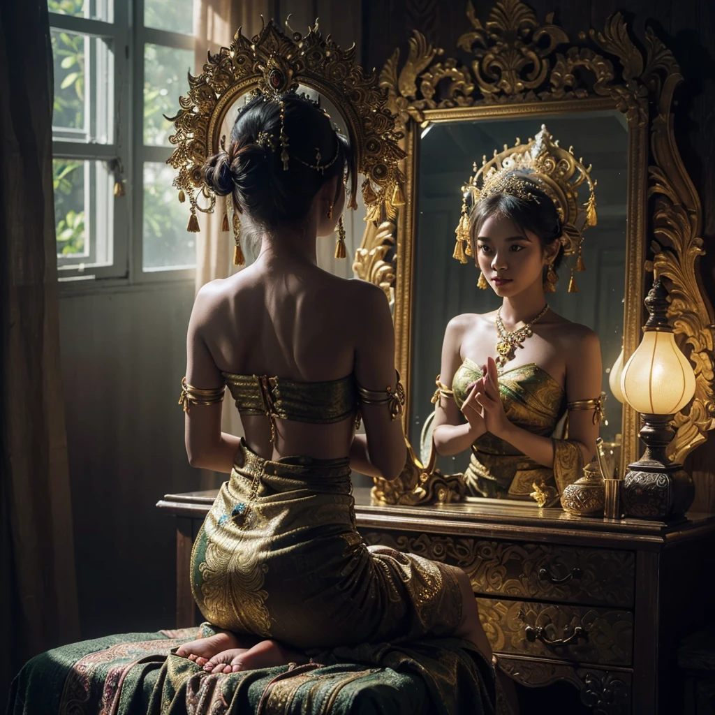 hyper realistic photography (((ultra detailed object))) shade backlight lighting treatment naturally, a girl wearing traditional bali`s pendet dancer clothes, green & gold theme & batik sarong sit down looking at mirror ((there`s her precision reflection on mirror)) at her modest beauty desk (she is holding her traditional tiara) she is looking at the mirror preparing for her show performance, on her room at traditional indonesian balinese home, show back of her body, dark dramatic mood, 1 source of light a tungsten lamp on the corner, correct fingers anatomy.