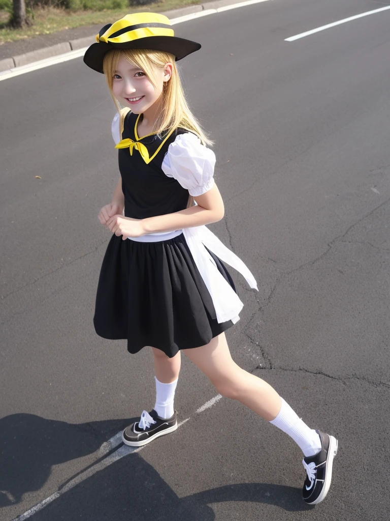 1girl, , , masterpiece, best quality, , medium blonde hair, forehead visible bags, yellow eyes, hat, heart, black headwear, puffy short sleeves, log black skirt, heart hads,,1girl, solo, yellow eyes, yellow hair, bow, hat bow, socks, black footwear, black skirt, short sleeves, yuki (touhou), black vest, white sleeves, frill skirt, light smile