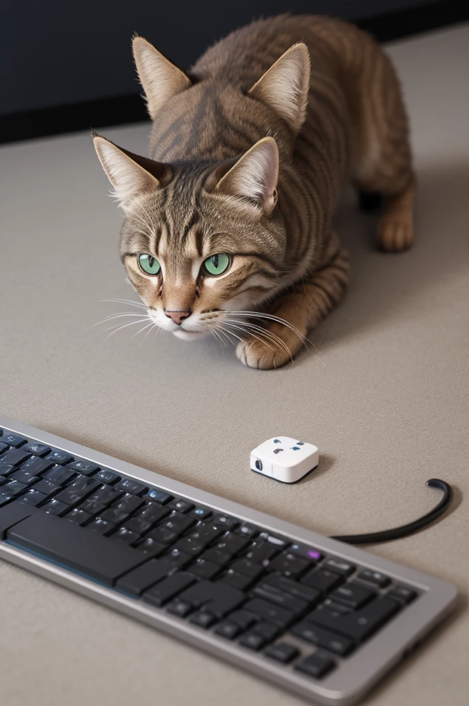 Imagem 3d, de um gato gamer, sentado sobre uma mesa, looking at the camera