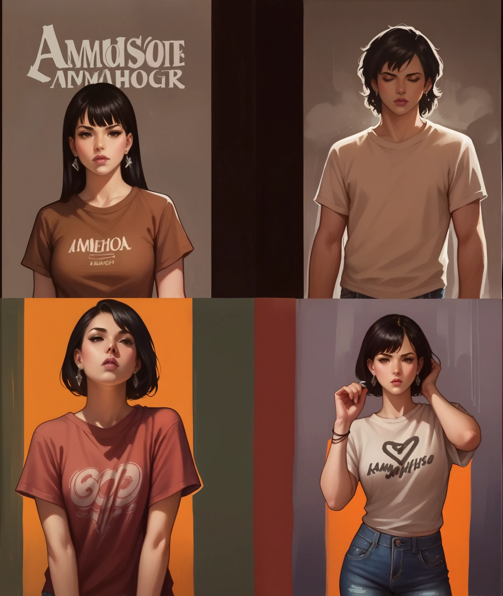 score_9, score_8_up, score_8, rating_safe, traditional art, 1girl, adamhughesstyle, minkostyle, realistic, black hair, loose untucked t-shirt, jeans pants, earrings, detailed