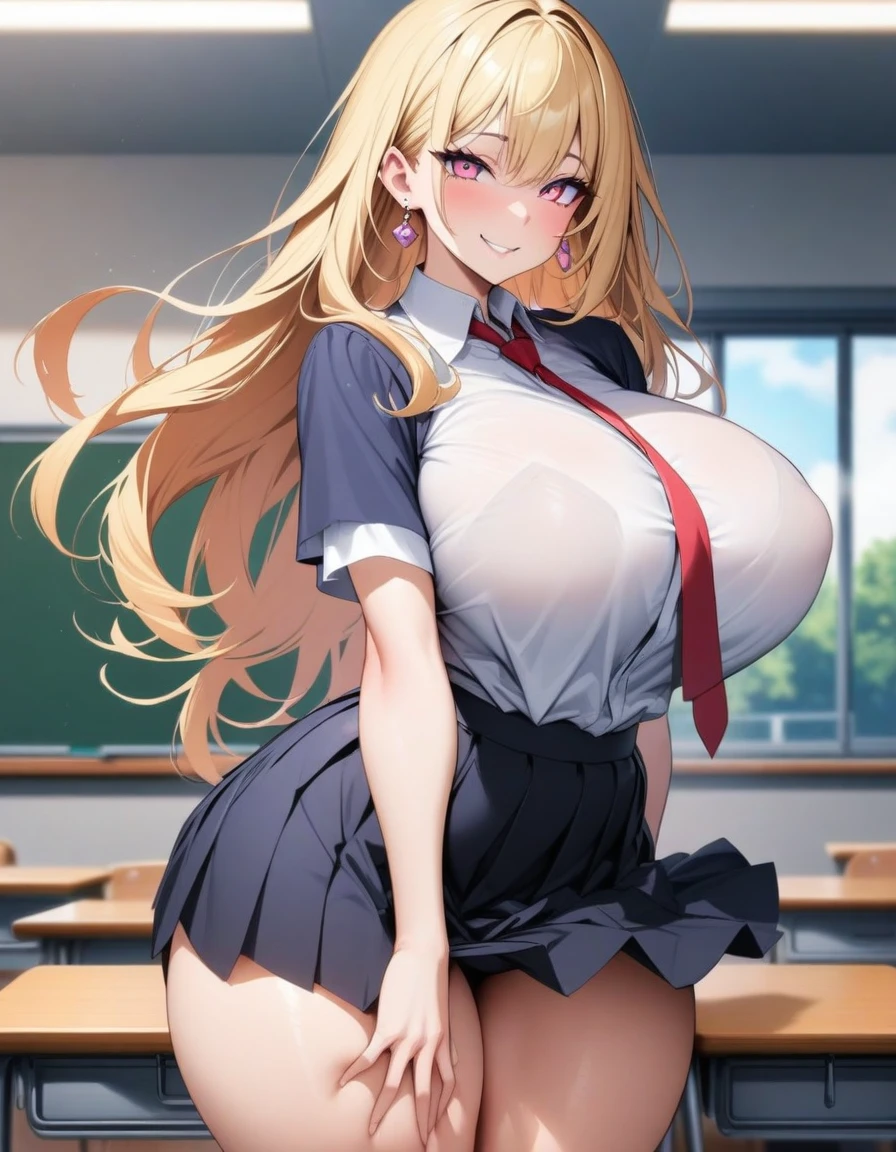 blonde hair color,long hair,pink eyes,high school costume,tie,skirt,earrings,huge breasts,Whipped thighs,slender,SFW,perfect,high quality,faultless,smile,near,SFW,perfect,high quality,faultless,classroom background